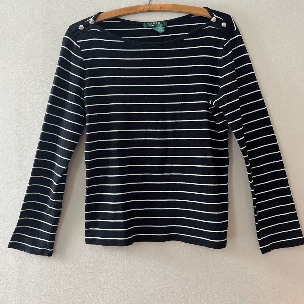 Lauren Ralph Lauren Sz M Black Striped Stretch‎ Cotton Boatneck Pullover Blouse - Picture 9 of 9